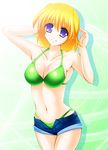  bikini blonde_hair denim denim_shorts engo_(aquawatery) lyrical_nanoha mahou_shoujo_lyrical_nanoha_strikers purple_eyes shamal short_hair shorts solo swimsuit 