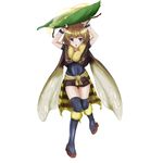  absurdres antennae bee_girl biburu blonde_hair blouse blue_eyes blue_legwear capelet full_body fur_trim hands_above_head highres honey insect_girl insect_wings layered_skirt leaf looking_at_viewer microskirt open_mouth original over-kneehighs ribbon-trimmed_legwear ribbon_trim sandals short_hair short_sleeves simple_background skirt solo standing standing_on_one_leg thighhighs white_background wings wrist_cuffs 