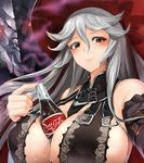  between_breasts blush bottle breasts brown_eyes coca-cola covered_nipples elbow_gloves gloves granblue_fantasy hat highres huge_breasts lips long_hair magisa_(granblue_fantasy) monster pyz_(cath_x_tech) silver_hair smile witch_hat 