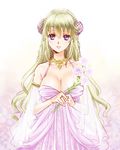  alternate_costume bare_shoulders blonde_hair breasts cleavage code_geass code_geass:_boukoku_no_akito double_bun dress flower komaichi large_breasts leila_(code_geass) long_hair looking_at_viewer purple_eyes smile solo 