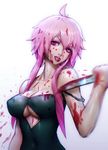  banned_artist bare_shoulders black_dress blood blood_on_face bloody_knife breasts covered_navel dress gasai_yuno gradient gradient_background knife large_breasts long_hair looking_at_viewer mirai_nikki paul_kwon pink_eyes pink_hair solo strap_slip tongue tongue_out underboob_cutout upper_body 