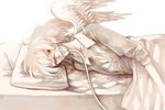  androgynous angel_wings blanket clona commentary_request cotori_(clona) feathered_wings looking_at_viewer lying male_focus muted_color nisoku_hokou_(vocaloid) on_bed on_side original oxygen_mask pale_color pillow red_eyes shirt simple_background sleeves_pushed_up solo spot_color white_background white_wings wings 