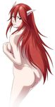  1girl ass breasts covering dimples_of_venus fire_emblem fire_emblem:_kakusei from_behind nintendo nude red_eyes red_hair simple_background smile solo standing thor_(deep_rising) tiamo topless very_long_hair 