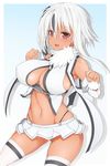  absol black_hair blush breasts dark_skin gen_3_pokemon highres large_breasts long_hair multicolored_hair natsuki_straight navel open_mouth personification pokemon red_eyes side_ponytail simple_background skirt solo tail thighhighs white_background white_hair white_legwear 