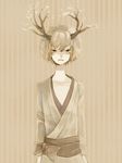  antlers arms_at_sides bow clona commentary_request frown japanese_clothes kimono male_focus monochrome muted_color original pale_color sepia sepia_background solo striped striped_background tree upper_body 