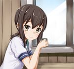  ame. brown_eyes brown_hair fubuki_(kantai_collection) kantai_collection school_uniform serafuku short_hair sitting solo window 