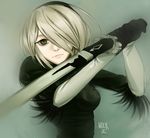  artist_request bad_proportions bangs black_dress black_gloves breasts copyright_name dress expressionless fur_trim gloves green_dress green_eyes hair_over_one_eye hairband holding holding_weapon medium_breasts mole mole_under_mouth nier_(series) nier_automata no_blindfold short_hair simple_background slender_waist solo sword upper_body weapon white_hair yorha_no._2_type_b 