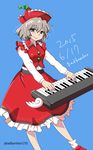 ankle_socks artist_name badbamboo blue_background dated frilled_skirt frills grey_eyes hat highres instrument keyboard_(instrument) long_sleeves looking_at_viewer lyrica_prismriver short_hair silver_hair simple_background skirt skirt_set smile solo star touhou twitter_username 