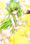  bare_shoulders bow breast_press breasts c.c. cheese-kun code_geass cowboy_shot green_eyes green_hair hair_bow izumo_neko long_hair looking_at_viewer marker_(medium) navel polka_dot solo stuffed_toy traditional_media very_long_hair yellow_eyes 