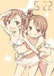  :d bangle bikini bikini_skirt bracelet brown_hair dated futami_ami futami_mami grin hug hug_from_behind idolmaster idolmaster_(classic) jewelry kyuri multiple_girls one_side_up open_mouth salute siblings side_ponytail sisters sketch smile star swimsuit twins 