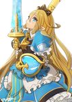  blonde_hair blue_eyes buckler charlotta_fenia dress frills gauntlets granblue_fantasy juliet_sleeves long_hair long_sleeves looking_up pointy_ears puffy_sleeves pupps shield signature simple_background solo sword very_long_hair weapon white_background 