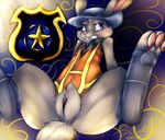  2015 anthro badge big_ears blush bottomless butt clitoris clothed clothing disney female fur grey_fur half-dressed hat hindpaw judy_hopps lagomorph looking_back mammal pawpads paws pink_nose police presenting presenting_hindquarters purple_eyes pussy rabbit solo spread_legs spreading xilrayne zootopia 