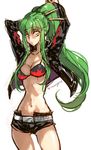  belt bikini_top breasts c.c. cleavage code_geass cosplay creayus green_hair jacket long_hair medium_breasts navel ponytail simple_background solo tengen_toppa_gurren_lagann twitter_username white_background yellow_eyes yoko_littner yoko_littner_(cosplay) 