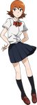  black_legwear black_skirt bow bowtie brown_eyes brown_footwear digimon digimon_adventure digimon_adventure_tri. full_body hands_on_hips kneehighs mary_janes official_art orange_hair red_bow red_neckwear school_uniform shirt shoes short_hair skirt solo takenouchi_sora transparent_background tsukishima_general_high_school_uniform uki_atsuya white_shirt 