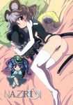  adapted_costume alternate_costume animal animal_ears ass black_panties blush breasts character_doll character_name floral_print grey_hair highres kawashiro_nitori long_sleeves looking_at_viewer lying mouse mouse_ears mouse_tail nazrin non-web_source on_bed on_side panties pillow red_eyes scan scan_artifacts shirt shope short_hair sleeping small_breasts smile star tail thighhighs thong touhou underboob underwear white_legwear 