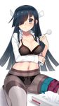  artist_name black_bra black_eyes black_panties blue_hair blush bow bow_panties bra breast_hold breasts cameltoe cleavage covered_nipples dated grey_legwear hair_over_one_eye hair_ribbon hayashimo_(kantai_collection) highres kantai_collection kuro_chairo_no_neko lace lace-trimmed_bra lace-trimmed_panties large_breasts looking_at_viewer mimikaki navel open_clothes open_shirt panties panties_under_pantyhose pantyhose pleated_skirt ribbon shirt simple_background sitting skirt skirt_around_one_leg smile solo thighband_pantyhose tissue_box twitter_username underwear wariza white_background 