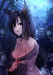  animal_ears bamboo bamboo_forest breasts brooch brown_eyes brown_hair cleavage cleavage_reach dark dress fangs forest imaizumi_kagerou janne_cherry jewelry large_breasts long_hair long_sleeves looking_at_viewer nature night off_shoulder open_mouth red_eyes seductive_smile smile solo sparkle touhou upper_body wide_sleeves wolf_ears 