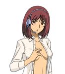  breasts brown_eyes brown_hair dress_shirt female gundam gundam_lost_war_chronicles headset mochi_mame naked_shirt no_bra noel_anderson open_clothes open_shirt shirt simple_background solo white_background 