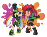 :d bad_source bike_shorts blue_eyes boots ear_protection elbow_gloves eye_contact fangs finger_on_trigger gloves hero_shot_(splatoon) ink_tank_(splatoon) inkling long_sleeves looking_at_another mask mask_on_head midriff monster_girl multiple_girls octarian octoling octoshot_(splatoon) open_mouth orange_hair red_eyes red_hair sleeveless smile splatoon_(series) splatoon_1 squidbeak_splatoon super_soaker takozonesu tentacle_hair vest water_gun wong_ying_chee 