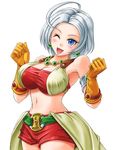  :d ahoge armlet blue_eyes blush breasts cleavage dragon_quest dragon_quest_x earrings gloves jewelry large_breasts looking_at_viewer midriff necklace one_eye_closed open_mouth red_shorts riin_(dq10) shimusu short_hair short_shorts shorts silver_hair smile solo white_background 