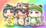  :d animal_costume black_hair blue_eyes chibiki cosplay duck_costume fang frog_costume geroppa hamster_costume hamuzou hamuzou_(cosplay) hand_on_hip hand_on_own_cheek idolmaster kawahagi_modoki long_hair microphone mole mole_under_mouth multiple_girls open_mouth paper piyopiyo ponytail puchimasu! short_hair silver_hair smile takanya whiskers 