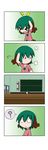  &gt;_&lt; 4koma ? absurdres animal_ears chalkboard chibi classroom closed_eyes comic gradient gradient_background green_hair hands_on_own_head highres kasodani_kyouko lightning_bolt o_o open_mouth rakugaki-biyori silent_comic snort solo spoken_question_mark tail tears touhou visible_air 