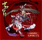  bird blue_hair bow brown_eyes clean_x falcon fingerless_gloves gloves hair_bow hairband highres japanese_clothes jewelry katana long_hair looking_at_viewer mamahaha nakoruru open_mouth pet pointing red_bow ribbon samurai_spirits solo sword weapon 