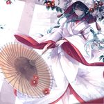  blue_eyes blue_hair hatsune_miku hood japanese_clothes kimono long_hair lyodi oriental_umbrella snowflakes solo twintails uchikake umbrella very_long_hair vocaloid wide_sleeves yuki_miku 