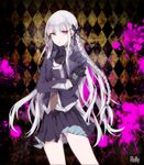  artist_name bad_id bad_pixiv_id blood danganronpa danganronpa_1 gloves kirigiri_kyouko long_hair necktie pink_blood pink_eyes purple_hair relly solo thighs very_long_hair wind wind_lift 