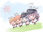  :d ^_^ akatsuki_(kantai_collection) alternate_hairstyle anchor_symbol black_hair black_legwear blue_eyes bow brown_eyes brown_hair closed_eyes commentary_request dress fang flat_cap hair_bow hair_ribbon hat hibiki_(kantai_collection) ikazuchi_(kantai_collection) inazuma_(kantai_collection) kantai_collection kotanu_(kotanukiya) long_hair long_sleeves low-tied_long_hair multiple_girls nanodesu_(phrase) neckerchief open_mouth outstretched_arms red_ribbon ribbon running sailor_dress short_hair silver_hair sleeves_past_wrists smile spread_arms thighhighs translated very_long_hair younger 