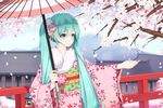  absurdres aqua_eyes aqua_hair architecture bangs blush bridge cherry_blossoms closed_mouth cloud collarbone day east_asian_architecture eyebrows_visible_through_hair falling_petals floral_print flower food_themed_hair_ornament fur-trimmed_kimono fur_trim hair_between_eyes hair_flower hair_ornament hatsune_miku highres holding holding_umbrella japanese_clothes kimono long_hair long_sleeves looking_away mountain obi oriental_umbrella outstretched_arm outstretched_hand parasol petals pink_flower pink_kimono print_kimono sash shiny shiny_hair sky smile snow solo spring_onion standing sugar_sound tassel tree twintails umbrella very_long_hair vocaloid wide_sleeves wind 