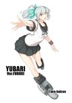  bangs bow brown_eyes cosplay foreshortening fubuki_(kantai_collection) fubuki_(kantai_collection)_(cosplay) grey_hair hair_bow harukon_(halcon) highres kantai_collection ponytail remodel_(kantai_collection) school_uniform serafuku short_sleeves skirt solo yuubari_(kantai_collection) 