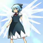  blue_dress blue_eyes blue_hair bow cirno club dress freedom_gundam gundam gundam_seed hair_bow ice ice_wings puffy_short_sleeves puffy_sleeves shield shirt short_sleeves solo touhou weapon wings yudepii 