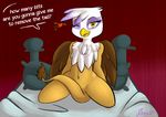  &lt;3 2015 atane18 avian beak bed brown_fur english_text feathers female feral friendship_is_magic fur gilda_(mlp) gryphon looking_at_viewer my_little_pony navel one_eye_closed pillow solo text wings yellow_eyes 