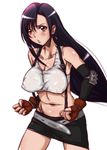  bare_shoulders belt black_hair breasts cleavage clenched_hands covered_nipples earrings elbow_pads final_fantasy final_fantasy_vii fingerless_gloves gloves highres hirokawa_kouichirou jewelry large_breasts long_hair looking_at_viewer midriff navel no_bra open_mouth red_eyes simple_background skirt solo suspender_skirt suspenders tifa_lockhart white_background 