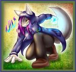  2015 anthro breasts canine clothed clothing energy english_text female footwear fur gloves grey_fur hair hoodie jacket long_hair magic mammal pants pose purple_hair roven shoes slit_pupils smile solo tailzkim teeth text wolf yellow_eyes 