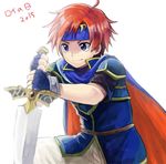  &gt;:) 2015 armor blue_eyes blue_gloves cape fingerless_gloves fire_emblem fire_emblem:_fuuin_no_tsurugi gloves harukawa_(aonori1022) headband holding holding_sword holding_weapon lowres male_focus pants red_hair reverse_grip roy_(fire_emblem) shirt smile solo sword v-shaped_eyebrows weapon white_background 