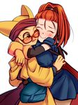  1girl barbara blush brown_eyes cape chamoro closed_eyes dragon_quest dragon_quest_vi dress elbow_gloves embarrassed glasses gloves haruhito_(pixiv56745) hat high_ponytail hug ponytail red_hair short_dress sweatdrop 