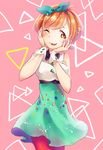  :p ahoge bare_shoulders blush brown_eyes chiigo chin_rest dress hands_on_own_cheeks hands_on_own_face harumi_sawara looking_at_viewer one_eye_closed orange_hair pantyhose short_hair sleeveless smile solo tokyo_7th_sisters tongue tongue_out 