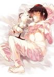  animalization barefoot bed_sheet black_hair blush character_doll clenched_teeth closed_eyes drooling full_body hat inubashiri_momiji inubashiri_momiji_(wolf) ken_(coffee_michikusa) long_sleeves lying midriff navel object_hug on_back on_bed pajamas panties pants pillow pointy_ears shameimaru_aya shirt_lift short_hair sleeping solo stuffed_animal stuffed_toy teeth tokin_hat touhou underwear white_panties 