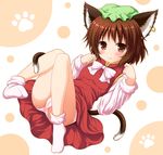  animal_ears blush bow brown_eyes brown_hair cameltoe cat_ears cat_tail chen dress earrings hat jewelry knees_together_feet_apart long_sleeves mob_cap multiple_tails nagana_sayui nekomata panties paw_print red_dress shirt short_hair single_earring smile solo tail touhou underwear upskirt white_panties 