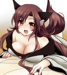  animal_ears bare_shoulders blush breast_press breasts brown_hair cleavage dress gradient gradient_background imaizumi_kagerou large_breasts long_hair long_sleeves looking_at_viewer lying nail_polish off_shoulder on_stomach open_mouth red_eyes rimu_(kingyo_origin) smile solo tail touhou wide_sleeves wolf_ears wolf_tail 