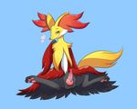  2015 balls blush canine delphox erection fox fur inner_ear_fluff knot looking_at_viewer male mammal nintendo open_mouth penis plain_background pok&eacute;mon precum red_eyes simple_background smile snuddi solo spread_legs spreading tuft video_games 