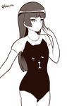  burakku-ra gokou_ruri greyscale leotard long_hair looking_at_viewer mole mole_under_eye monochrome ore_no_imouto_ga_konna_ni_kawaii_wake_ga_nai simple_background solo swimsuit thighs twitter_username white_background 