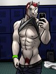  2015 abs anthro backpack bgn biceps boxer_briefs boxers cellphone clothing cum cum_on_face grey_body gym hair horn isaiah locker_room male mammal muscles nike nipples pecs penis phone presenting pubes red_hair rhinoceros selfie shirt solo tattoo teeth towel under_armour underwear undressing 