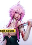  banned_artist bare_shoulders black_dress blood blood_on_face bloody_knife breasts caution_tape censored covered_navel dress dress_pull gasai_yuno gradient gradient_background highres knife large_breasts long_hair looking_at_viewer mirai_nikki paul_kwon pink_eyes pink_hair solo strap_slip tongue tongue_out underboob_cutout upper_body 