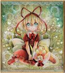  aqua_eyes blonde_hair bow bug butterfly colored_pencil_(medium) fairy_wings flower hair_bow hair_ribbon insect lily_of_the_valley looking_at_viewer marker_(medium) medicine_melancholy mosho puffy_short_sleeves puffy_sleeves ribbon shikishi shirt short_sleeves sitting skirt smile solo su-san touhou traditional_media wariza wings 
