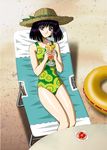  bare_legs bishoujo_senshi_sailor_moon black_hair bob_cut casual_one-piece_swimsuit chair drink drinking_straw floral_print flower food fruit glass hat hino_ryutaro innertube lounge_chair one-piece_swimsuit orange print_swimsuit purple_eyes sand short_hair sitting smile solo sun_hat swimsuit tomoe_hotaru tropical_drink 