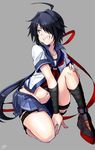  black_hair blue_eyes grin hair_over_one_eye kako_(kantai_collection) kantai_collection long_hair ponytail remodel_(kantai_collection) school_uniform serafuku smile solo toyattk 