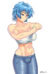  bandages blue_eyes blue_hair breasts burakku-ra denim groin highres jeans large_breasts looking_down navel original pants sarashi simple_background solo thighs toned white_background 